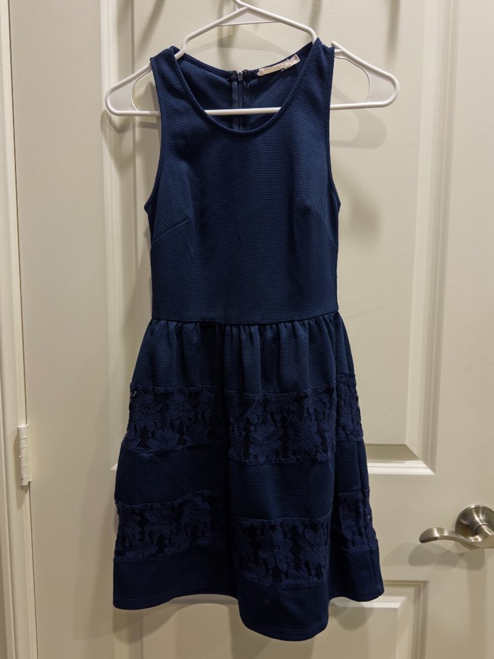 Lush Dark Blue Embroidered Lace Sleeveless Mini Dress